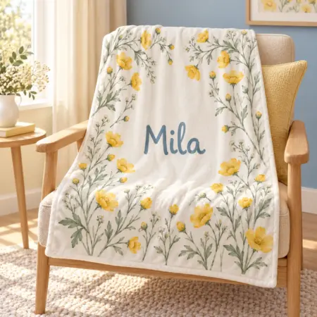 Mila Buttercup Meadow Personalized Baby Blanket — lifestyle illustrative mockup
