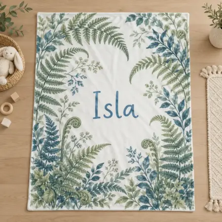 Isla Woodland Fern Personalized Baby Blanket — main illustrative mockup