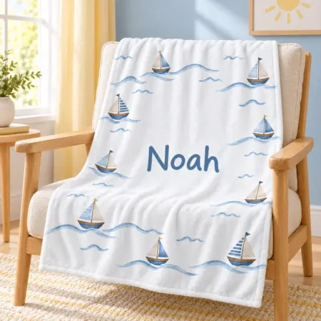 Noah Little Sailboat Personalized Baby Blanket — lifestyle illustrative mockup