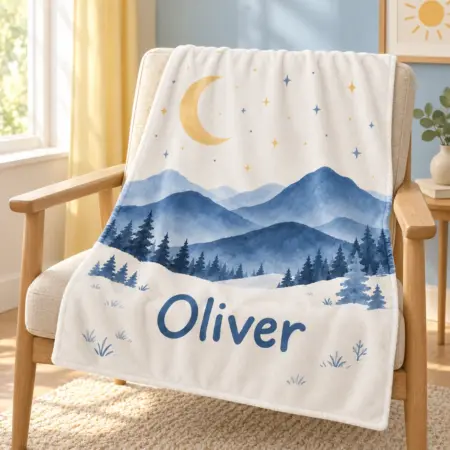 Oliver Mountain Moon Personalized Baby Blanket — lifestyle illustrative mockup