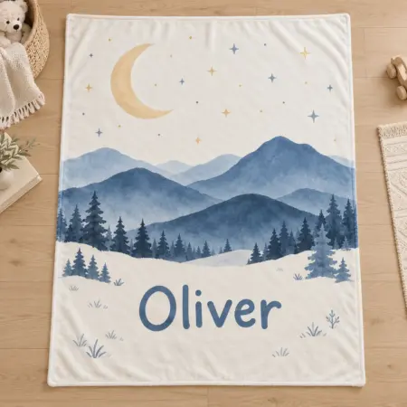 Oliver Mountain Moon Personalized Baby Blanket — main illustrative mockup