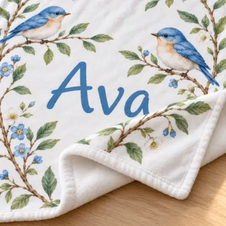 Ava Bluebird Branch Personalized Baby Blanket — detail illustrative mockup
