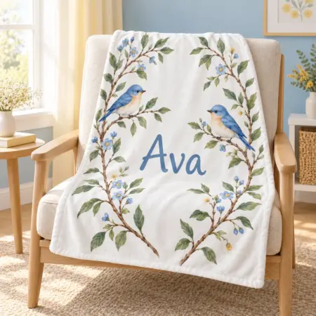 Ava Bluebird Branch Personalized Baby Blanket — lifestyle illustrative mockup
