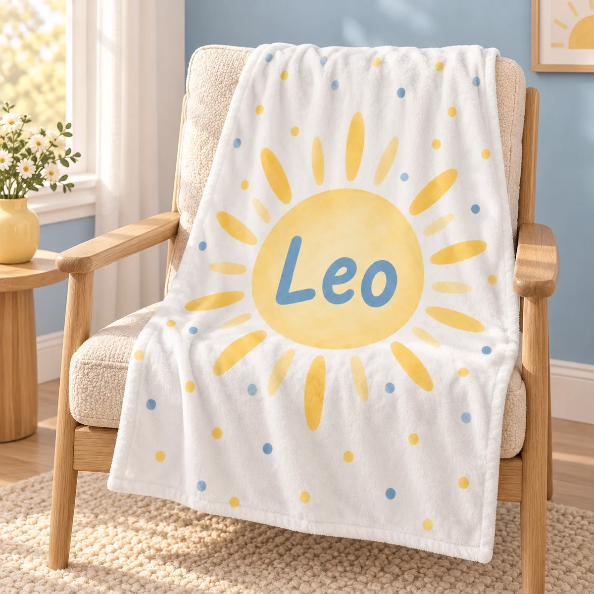 Leo Warm Sunbeam Personalized Baby Blanket — lifestyle illustrative mockup