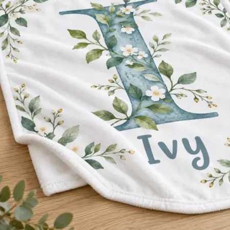 Ivy Botanical Letter Personalized Baby Blanket — detail illustrative mockup