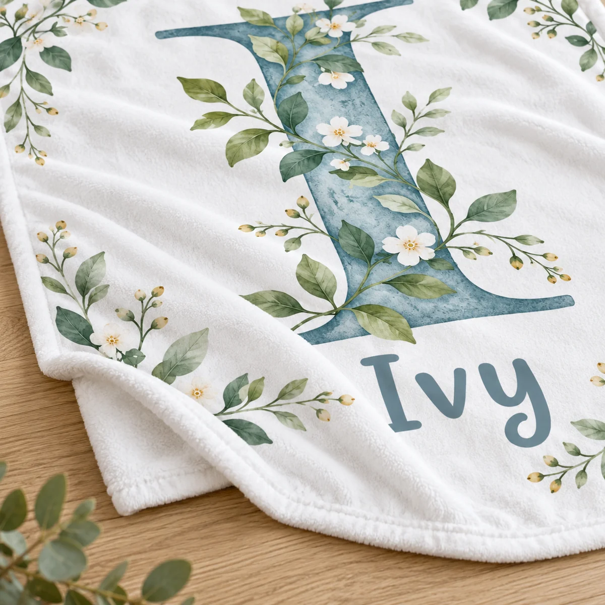 Ivy Botanical Letter Personalized Baby Blanket — detail illustrative mockup