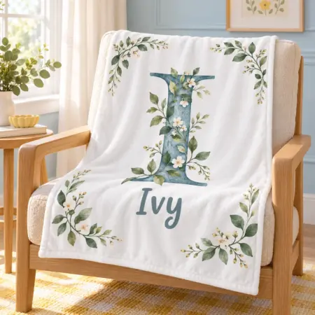 Ivy Botanical Letter Personalized Baby Blanket — lifestyle illustrative mockup