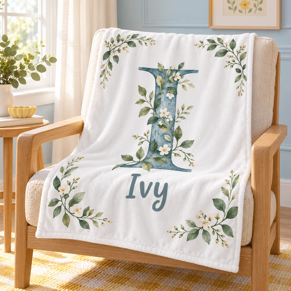 Ivy Botanical Letter Personalized Baby Blanket — lifestyle illustrative mockup