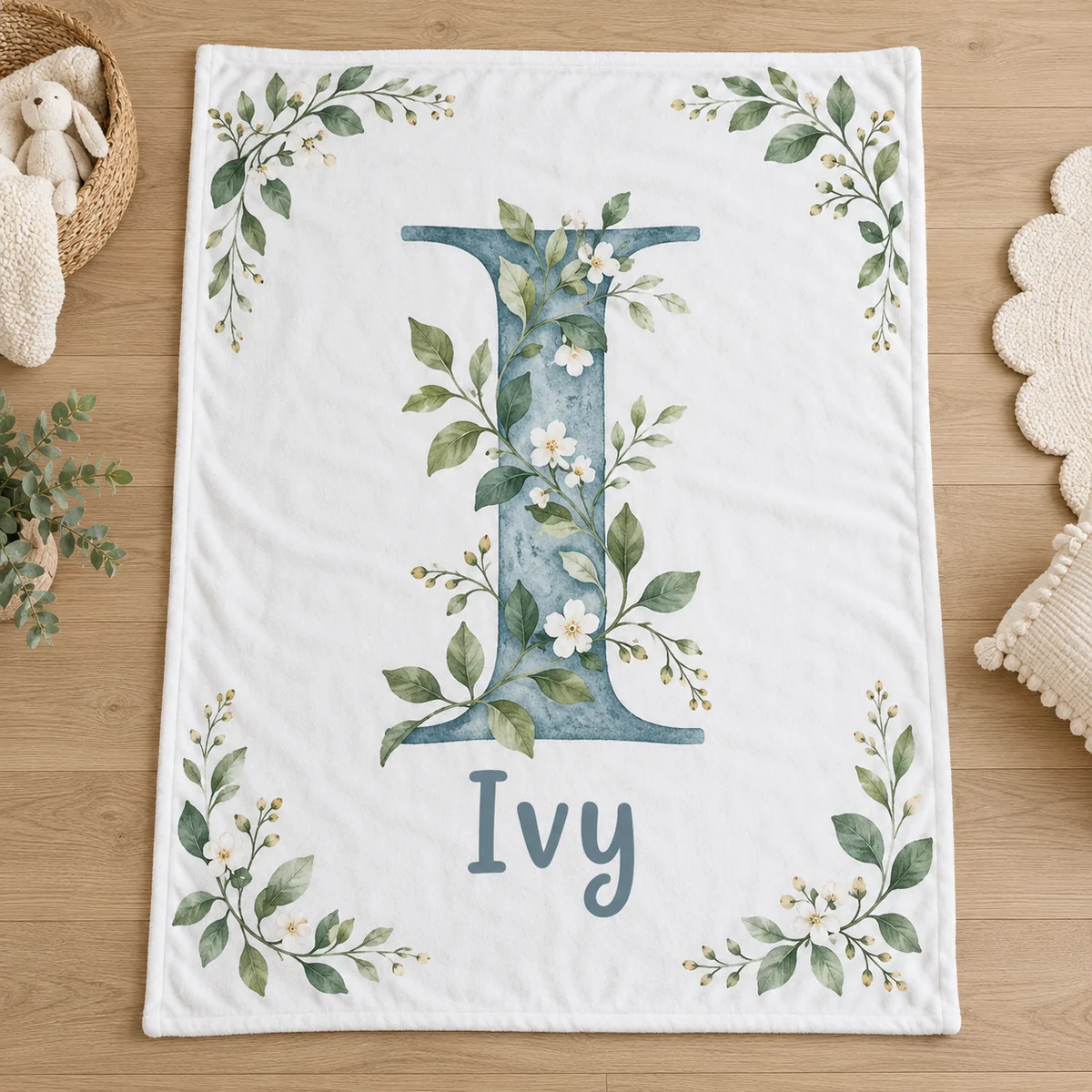 Ivy Botanical Letter Personalized Baby Blanket — main illustrative mockup