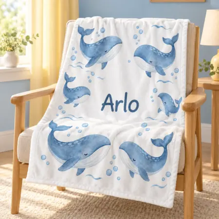 Arlo Gentle Whales Personalized Baby Blanket — lifestyle illustrative mockup