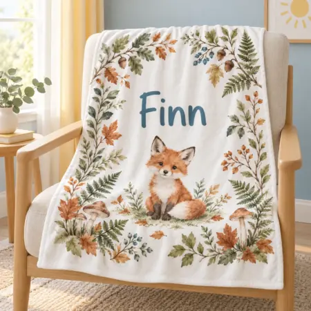 Finn Little Fox Trail Personalized Baby Blanket — lifestyle illustrative mockup