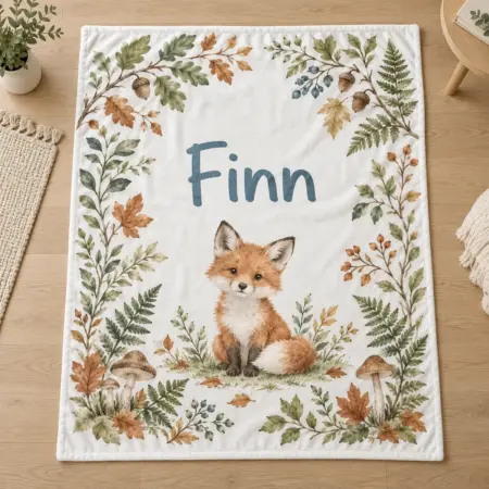 Finn Little Fox Trail Personalized Baby Blanket — main illustrative mockup
