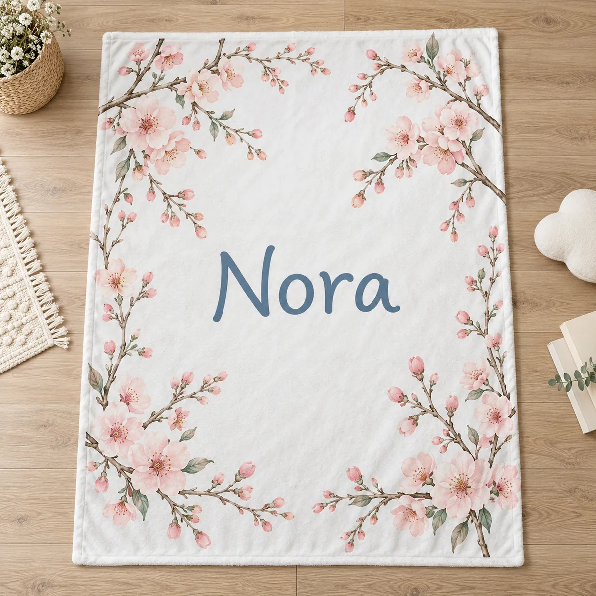 Nora Orchard Blossom Personalized Baby Blanket — main illustrative mockup