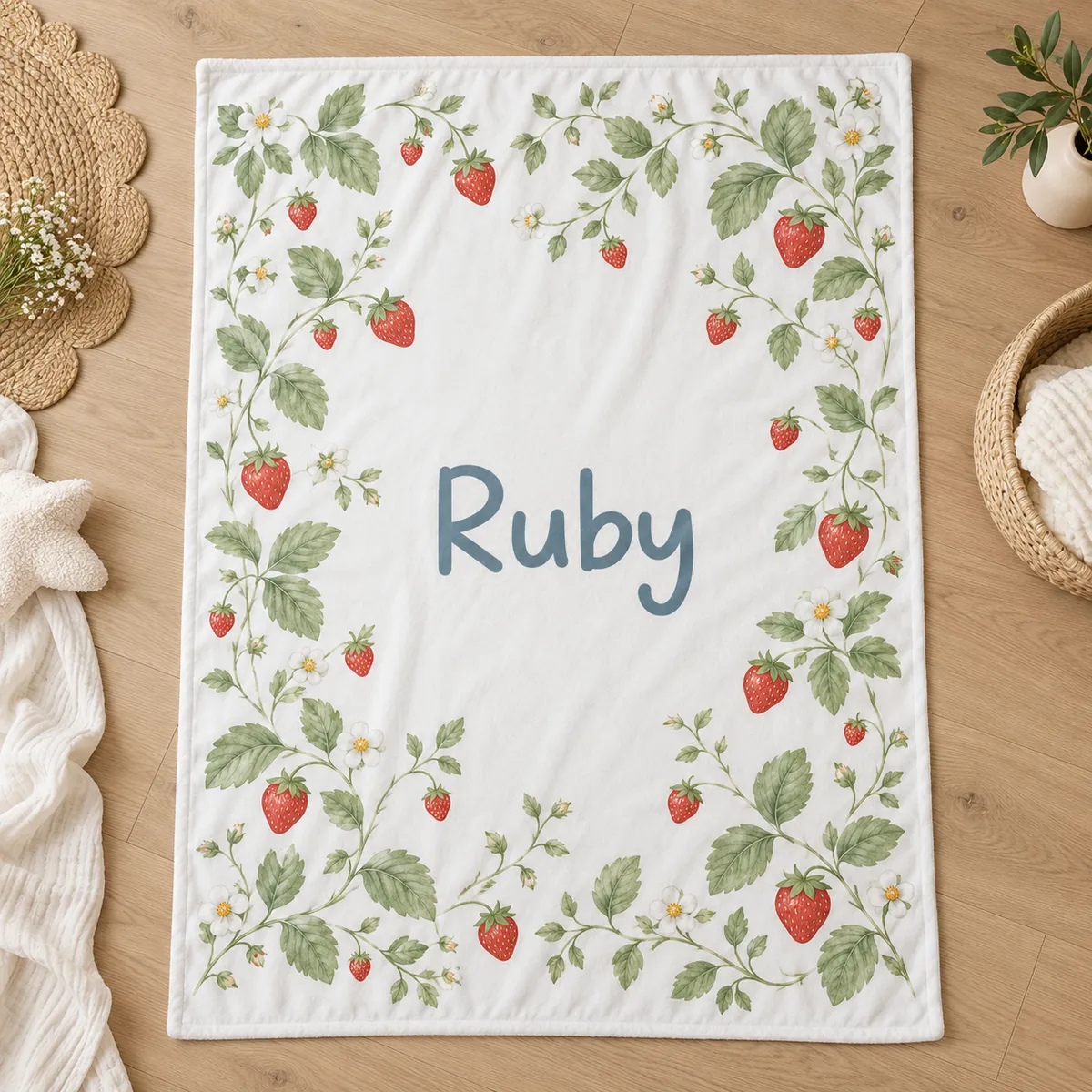 Ruby Strawberry Garden Personalized Baby Blanket — main illustrative mockup