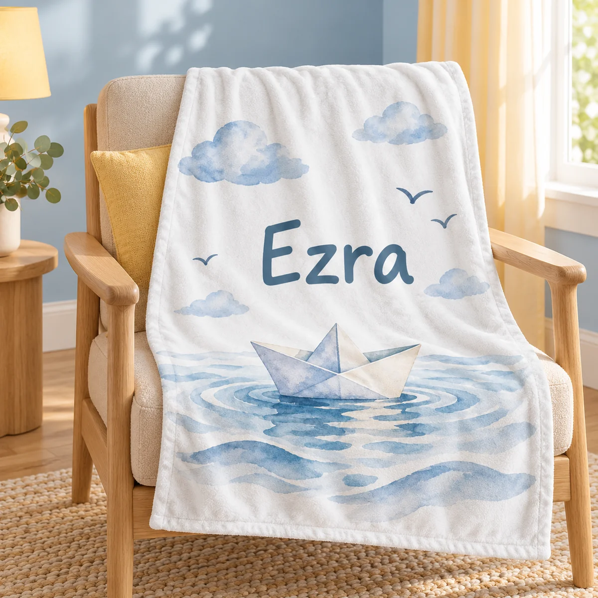 Ezra Paper Boat Personalized Baby Blanket — lifestyle illustrative mockup