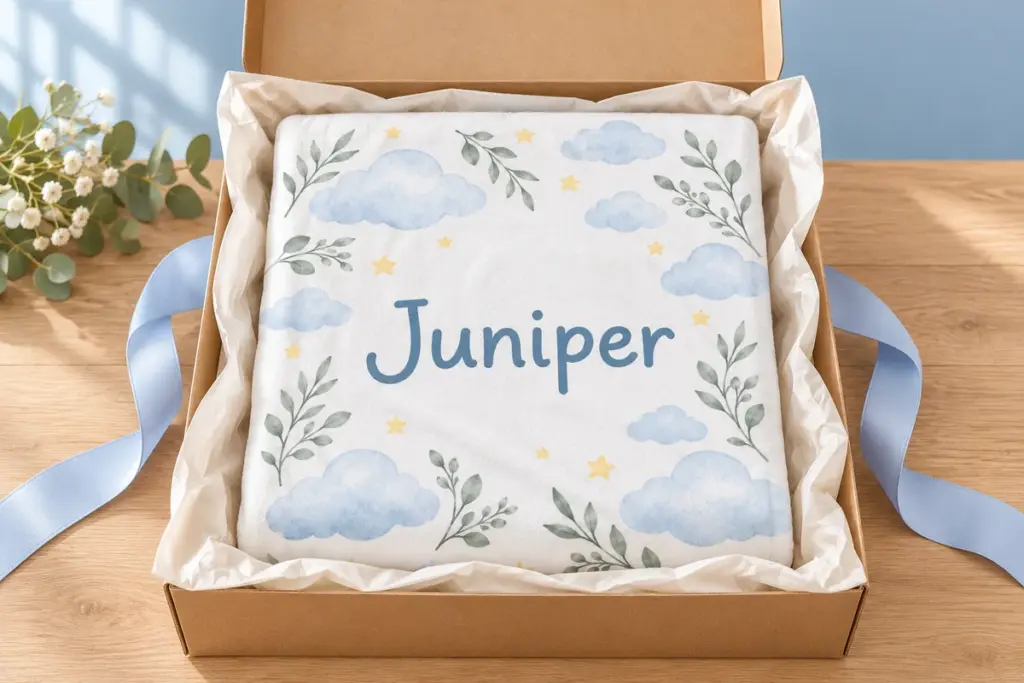 A folded Juniper fleece blanket in an open gift box